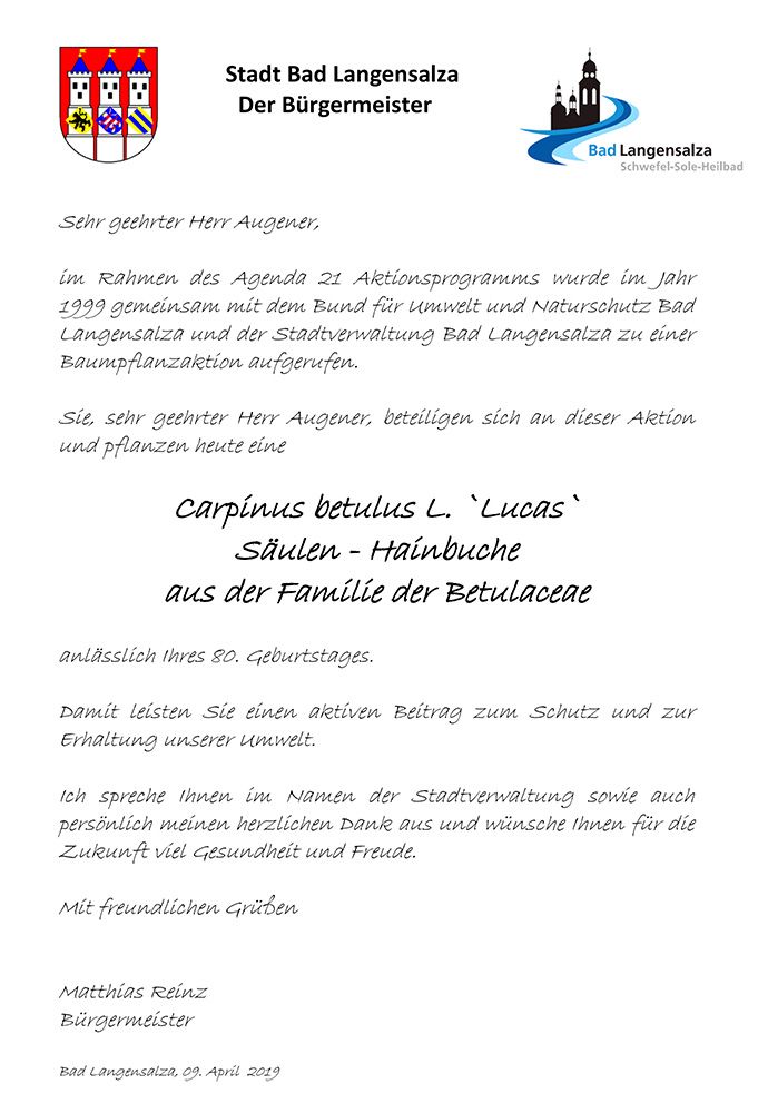 Abb. 2: Beispiel für eine Patenschaftsurkunde, ausgestellt durch den Bürgermeister der Stadt Bad Langensalza