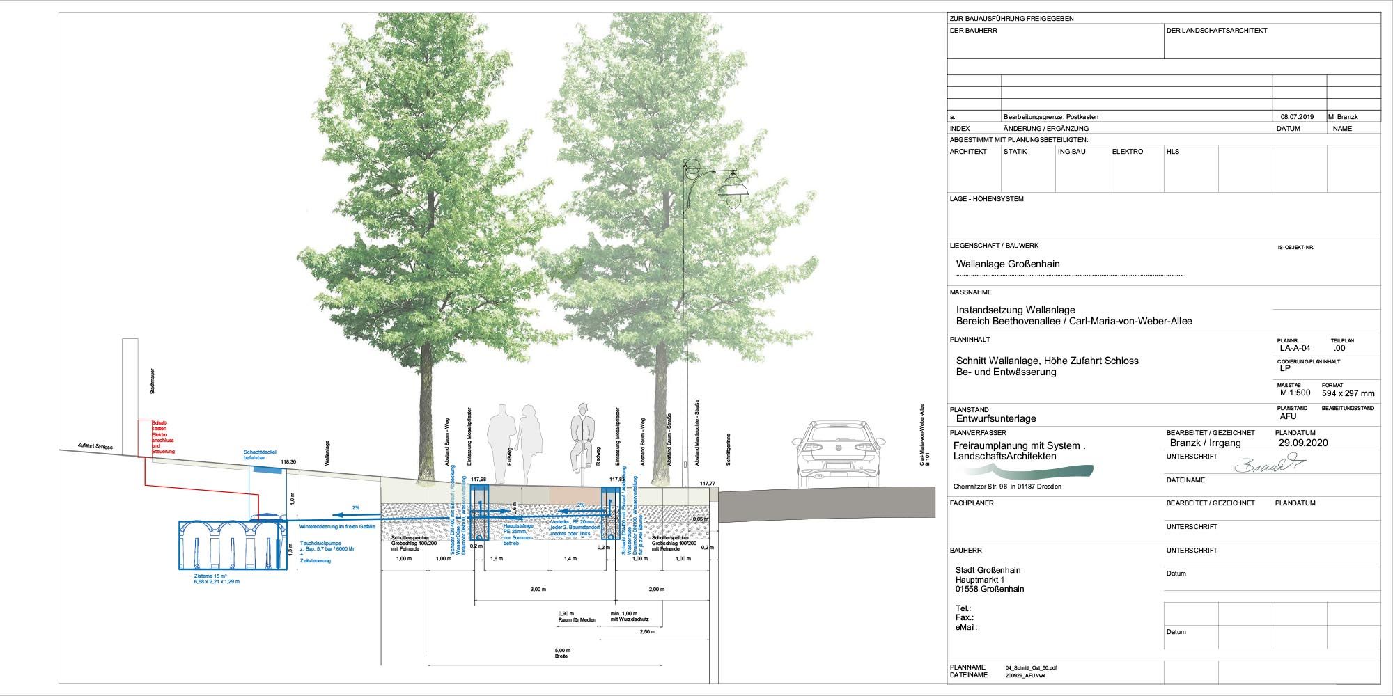 Konstruktionszeichnung einer Be- und Entwässerungsanlage für Stadtbäume